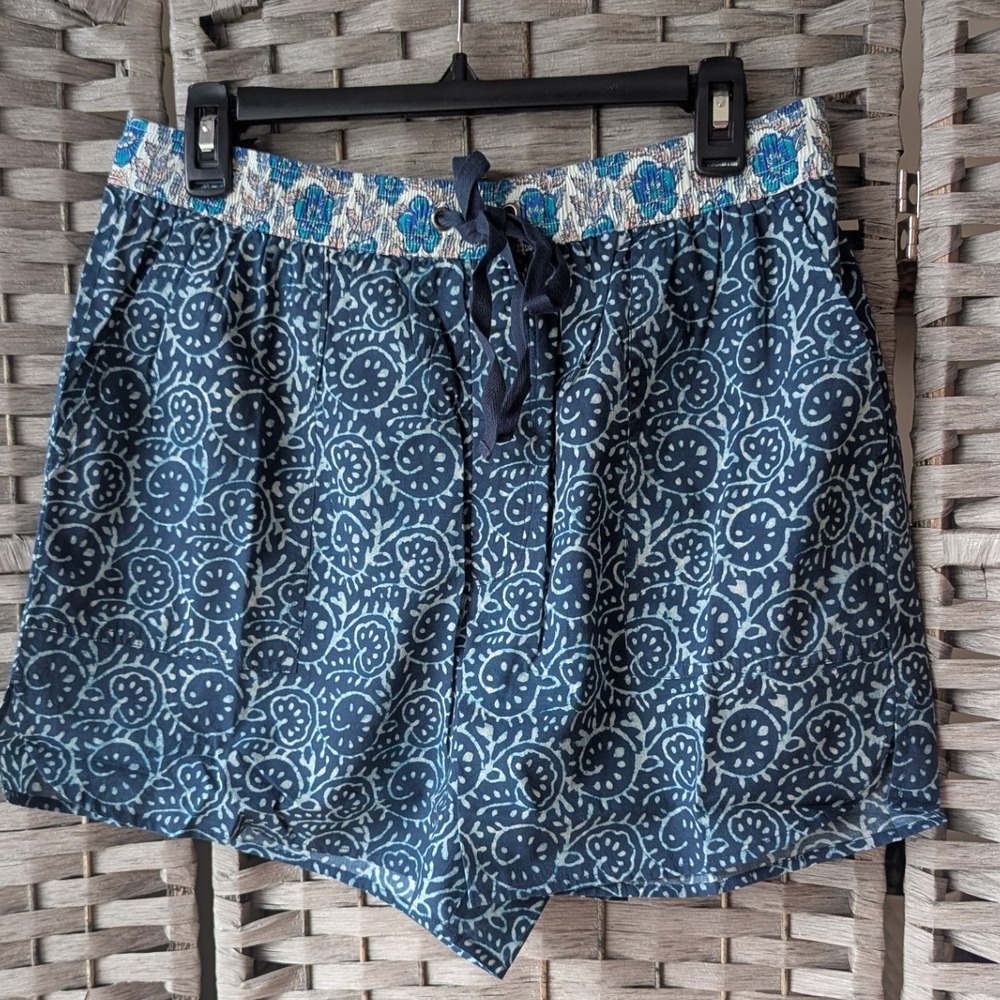 Sundance Kai Indigo Blue Batik Block Print Cotton Drawstring Shorts Womens Sz L
